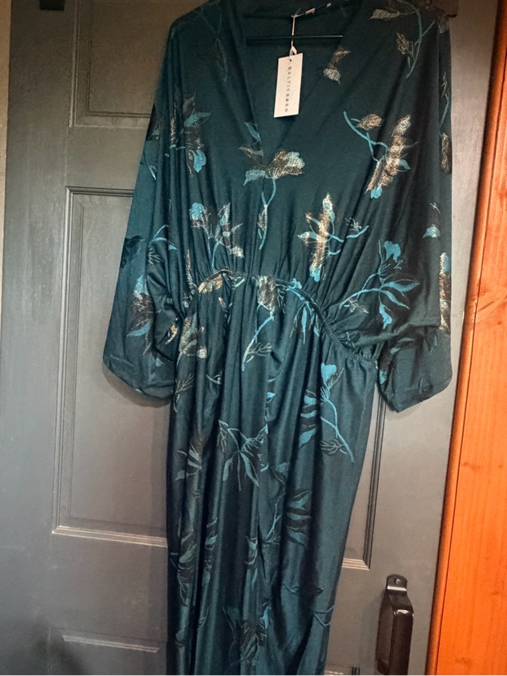 Baltic Born Dark Teal Floral Long Sleeve Maxi Dress with Metallic Accents